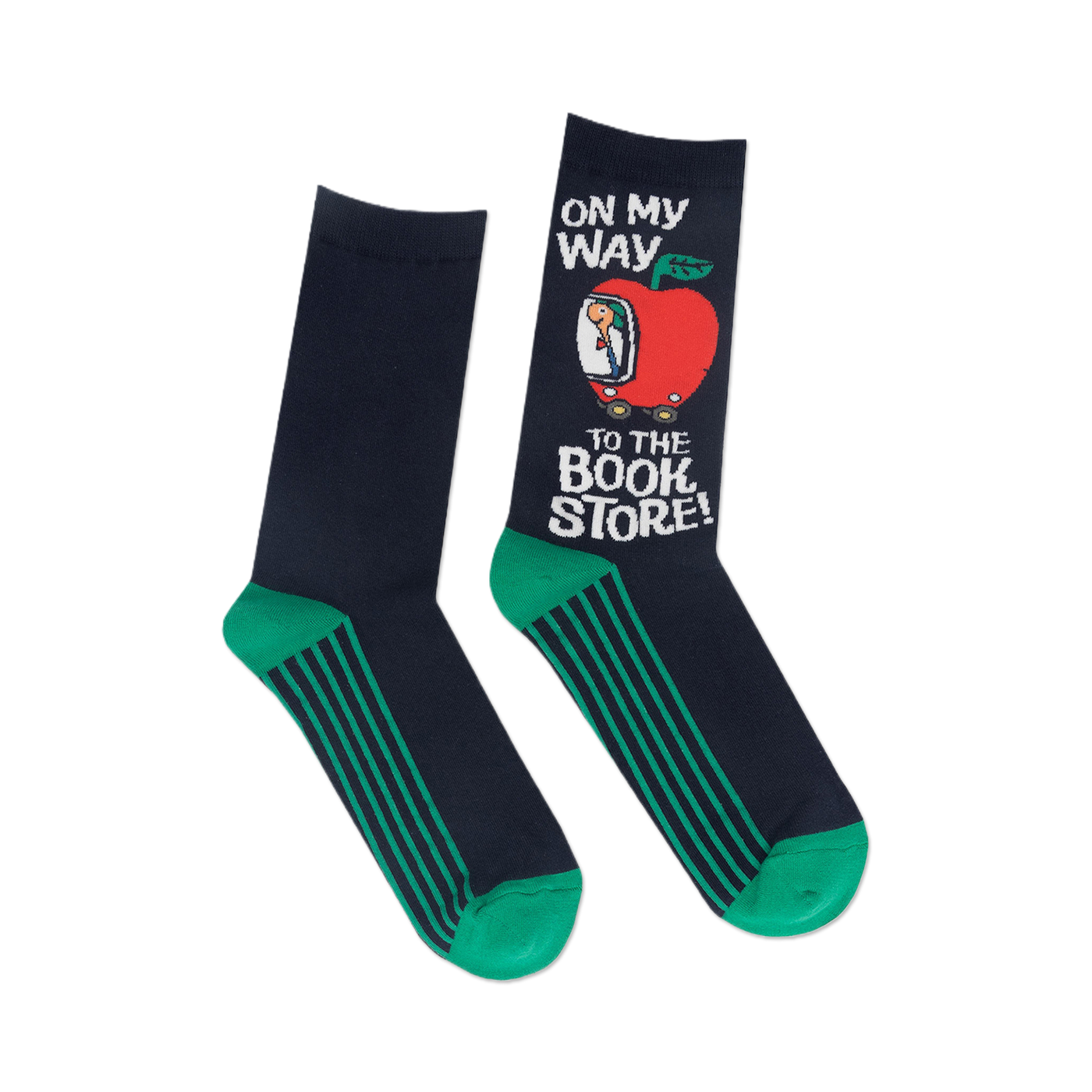 Pair of crew socks; navy blue with teal stripes and a Richard Scarry design of an apple car with the text 'On My Way to the Bookstore'.