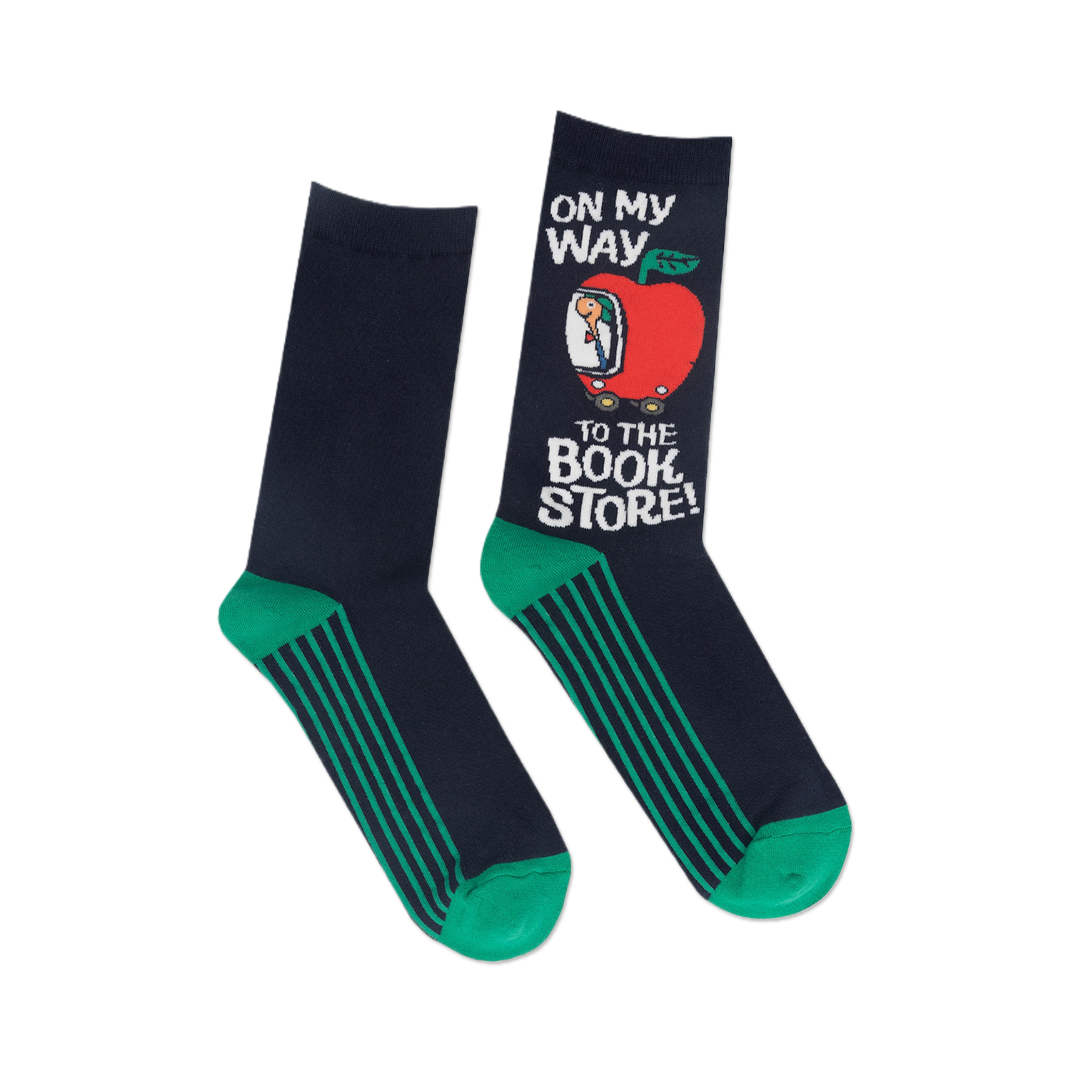 Pair of crew socks; navy blue with teal stripes and a Richard Scarry design of an apple car with the text 'On My Way to the Bookstore'.