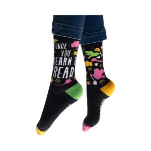 Flatlay image showing both socks laid flat, showcasing the full design.