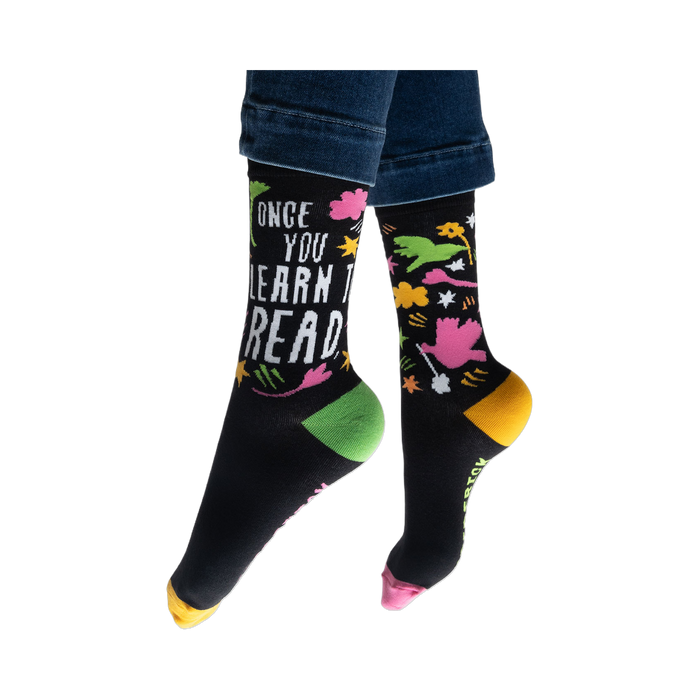 Flatlay image showing both socks laid flat, showcasing the full design.
