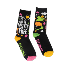 front view of a pair of black adult socks with colorful designs, one sock says "you will be forever free" and the other has flowers and a bird.