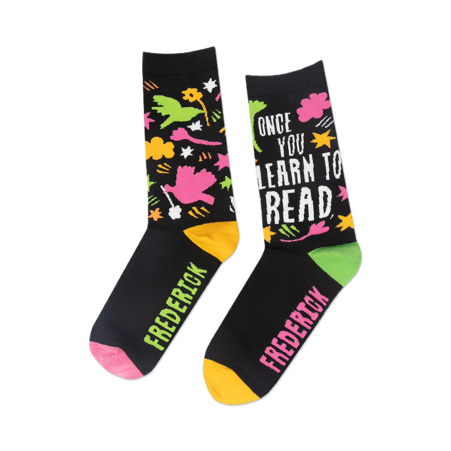 Close-up detail shot of the sock's design, highlighting the playful illustrations and text.