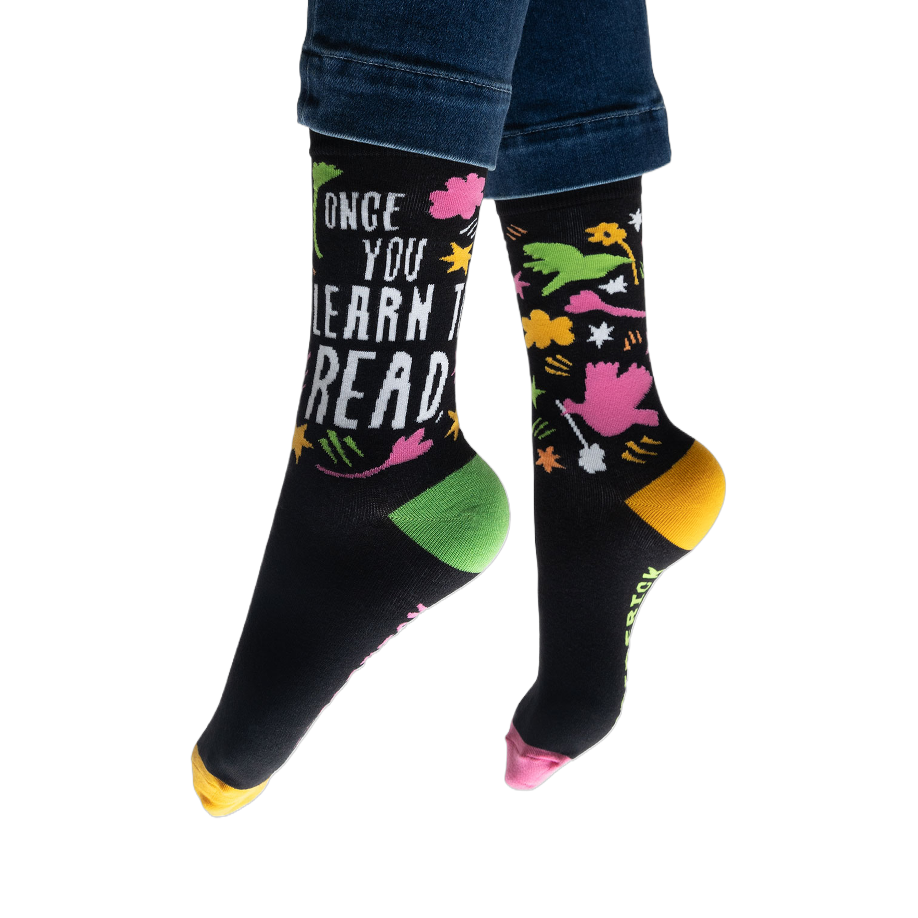 Lifestyle shot showing the socks on a person's feet from a slightly different angle than the first lifestyle shot.