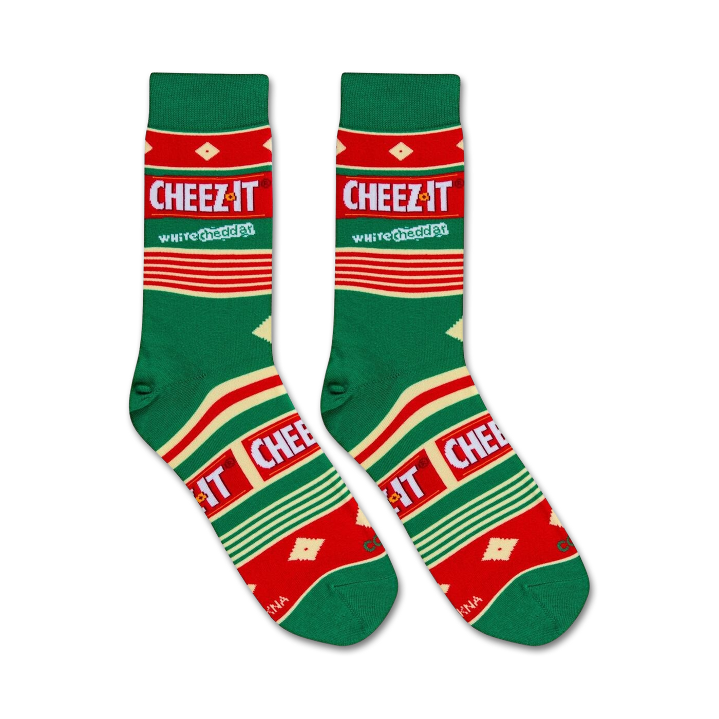 Flatlay showcasing a pair of Cheez-It White Cheddar socks.