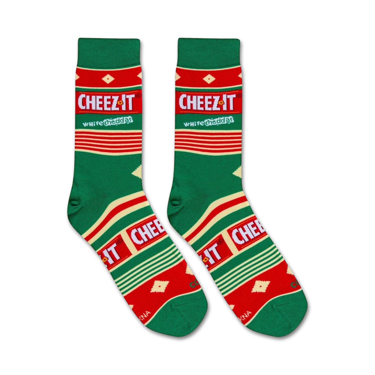 Flatlay showcasing a pair of Cheez-It White Cheddar socks.