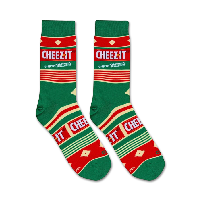 A red and green sock with a white 
