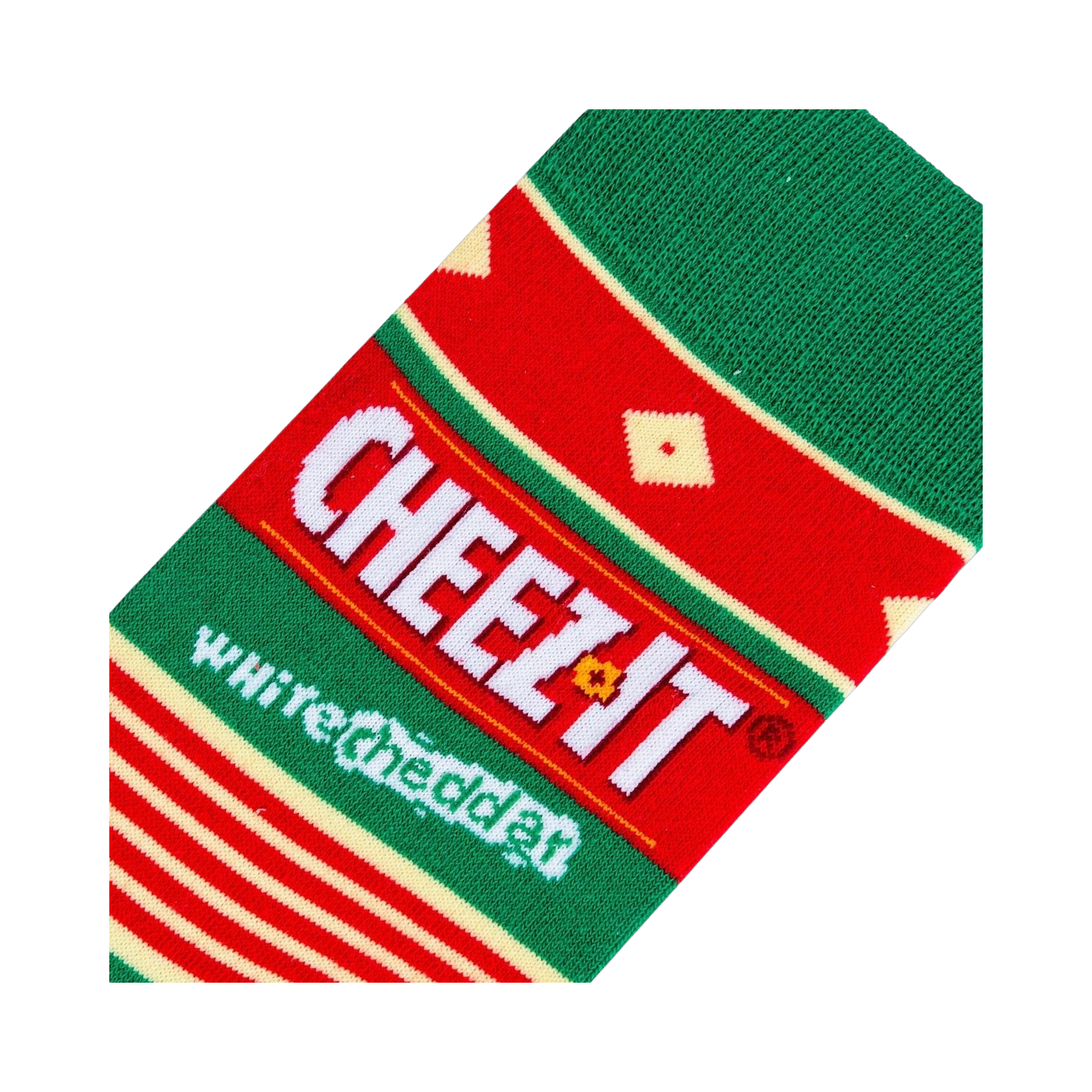 Close-up detail shot highlighting the Cheez-It White Cheddar logo and the sock's texture.