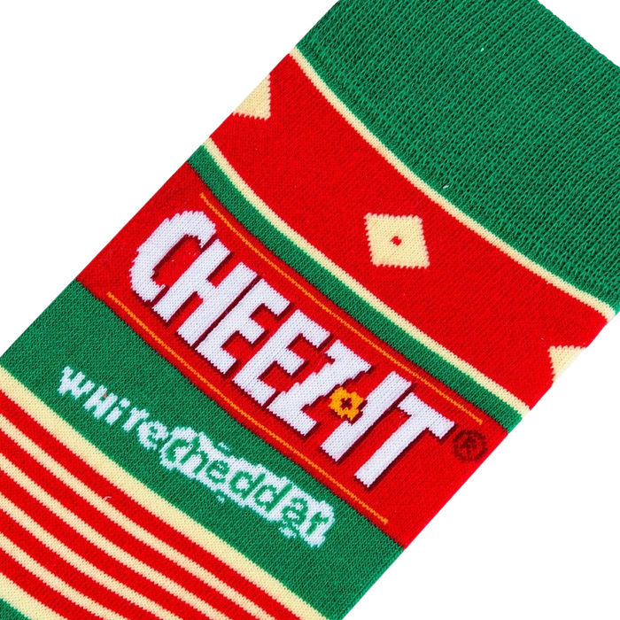 A red and green sock with a white 