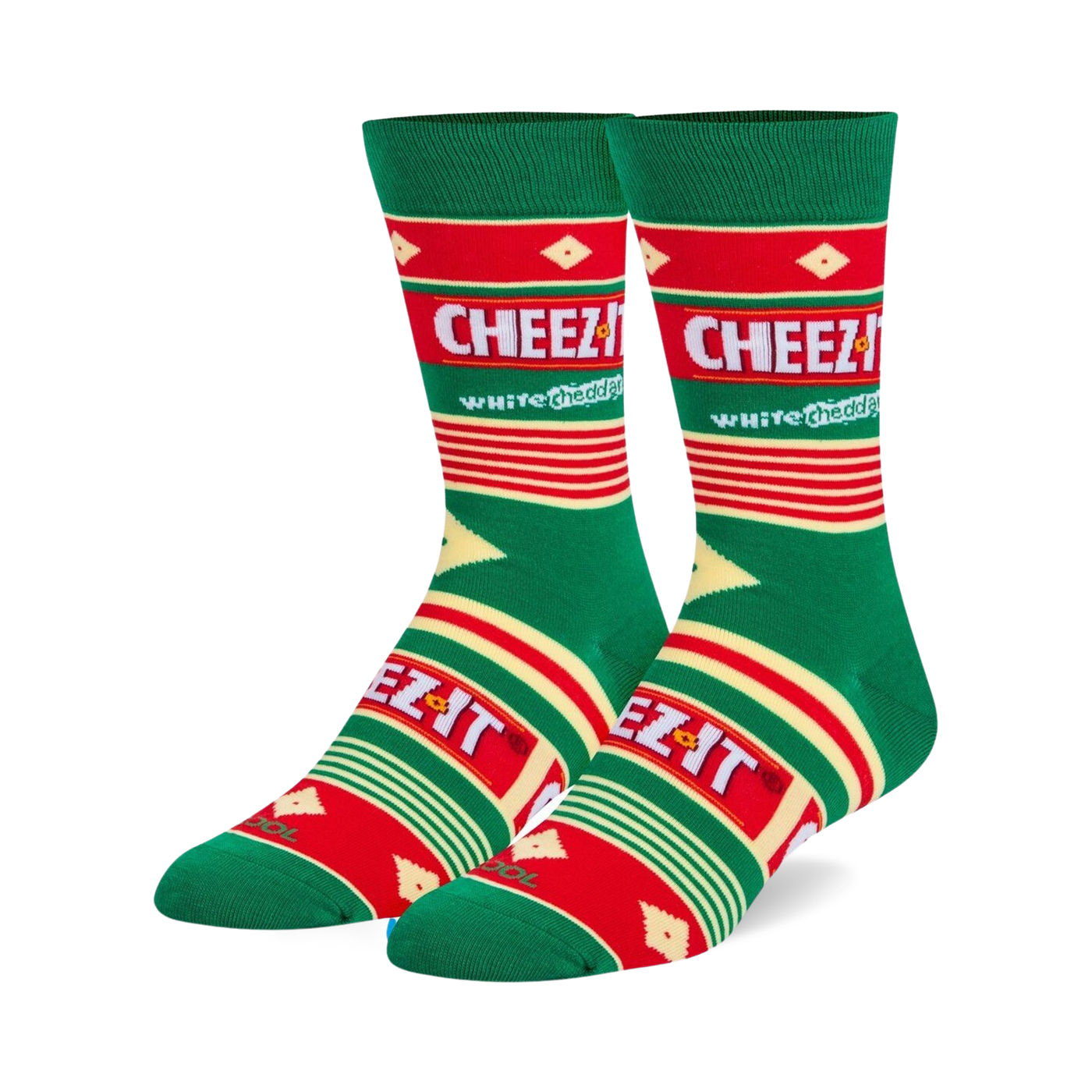 Pair of crew socks in green, red, and white, featuring the Cheez-It White Cheddar logo and design.
