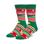 Pair of crew socks in green, red, and white, featuring the Cheez-It White Cheddar logo and design.