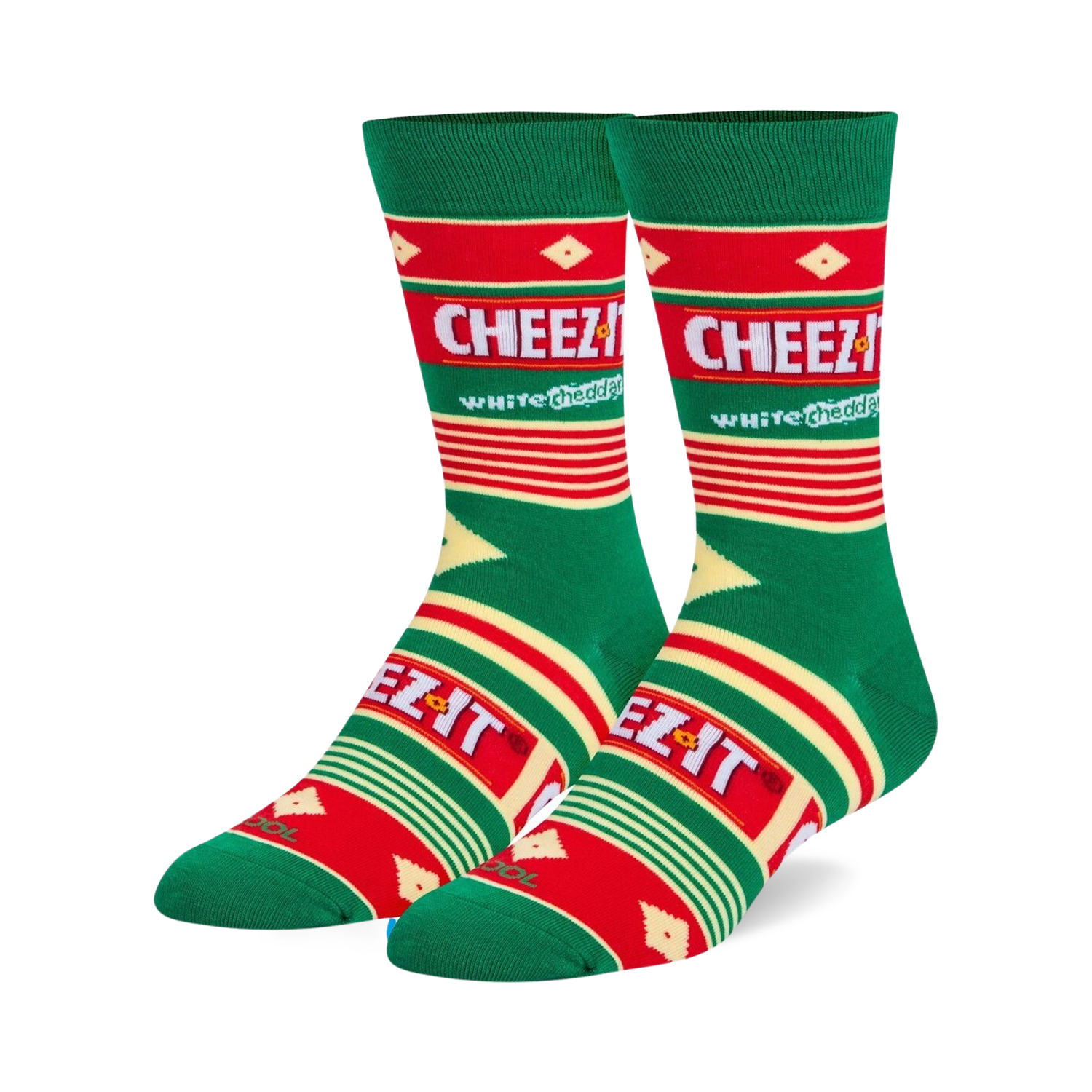 Pair of crew socks in green, red, and white, featuring the Cheez-It White Cheddar logo and design.