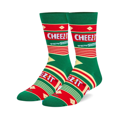 white, red, and green striped crew socks with "cheez-its" printed on green part. comes in men's and women's sizes.  