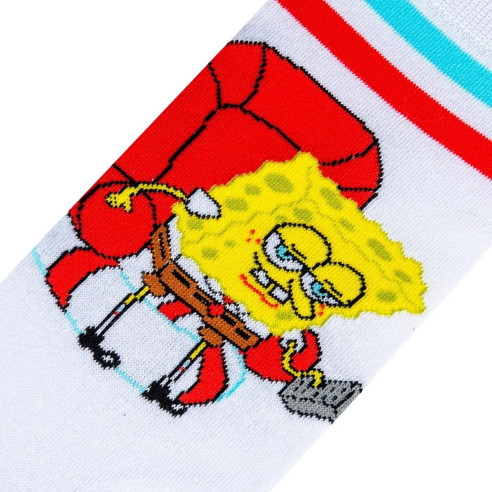 A white sock with a red and blue striped cuff. The sock features a cartoon character, SpongeBob SquarePants, sitting on a red armchair.