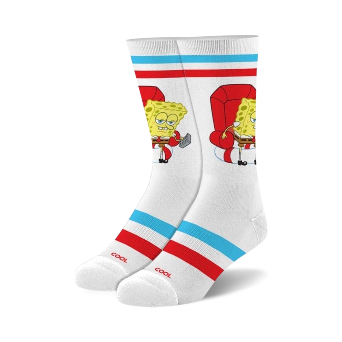 Pair of white crew socks with red and teal stripes. Spongebob Squarepants is featured lounging in a red armchair with a remote.