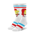 Pair of white crew socks with red and teal stripes. Spongebob Squarepants is featured lounging in a red armchair with a remote.
