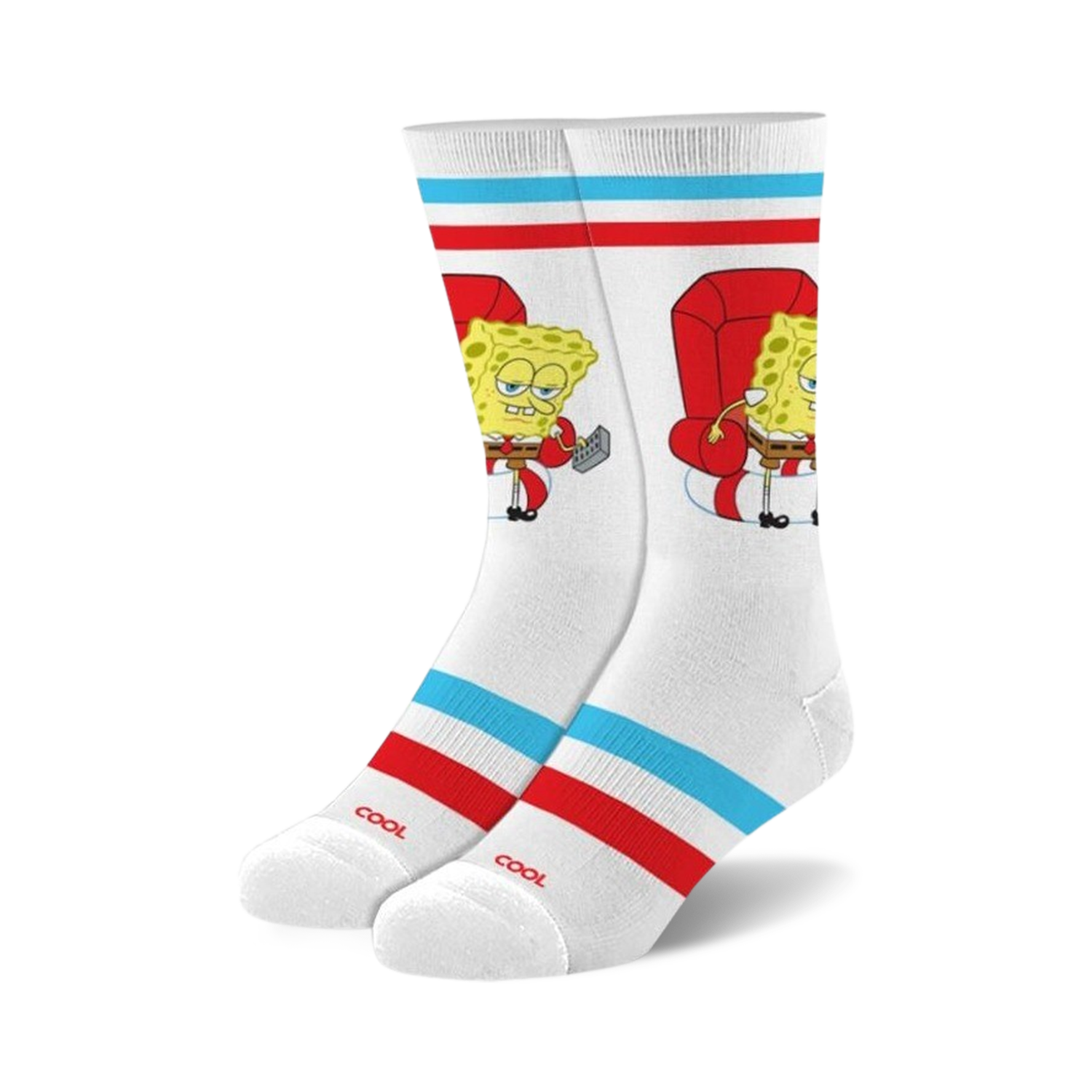Pair of white crew socks with red and teal stripes. Spongebob Squarepants is featured lounging in a red armchair with a remote.