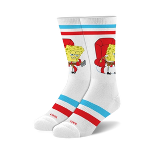 white crew socks with spongebob squarepants design, red and blue stripes, 