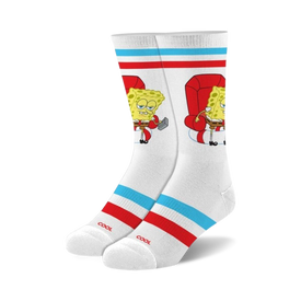 white crew socks with spongebob squarepants design, red and blue stripes, "cool" written on bottom.  