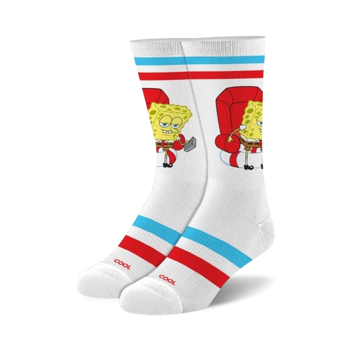 white crew socks with spongebob squarepants design, red and blue stripes, 
