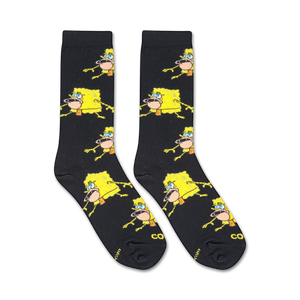 A black sock with a pattern of a yellow cartoon character, SpongeBob SquarePants, doing the 