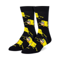 Pair of black crew socks with a repeating pattern of yellow Spongebob Squarepants in a prehistoric pose.