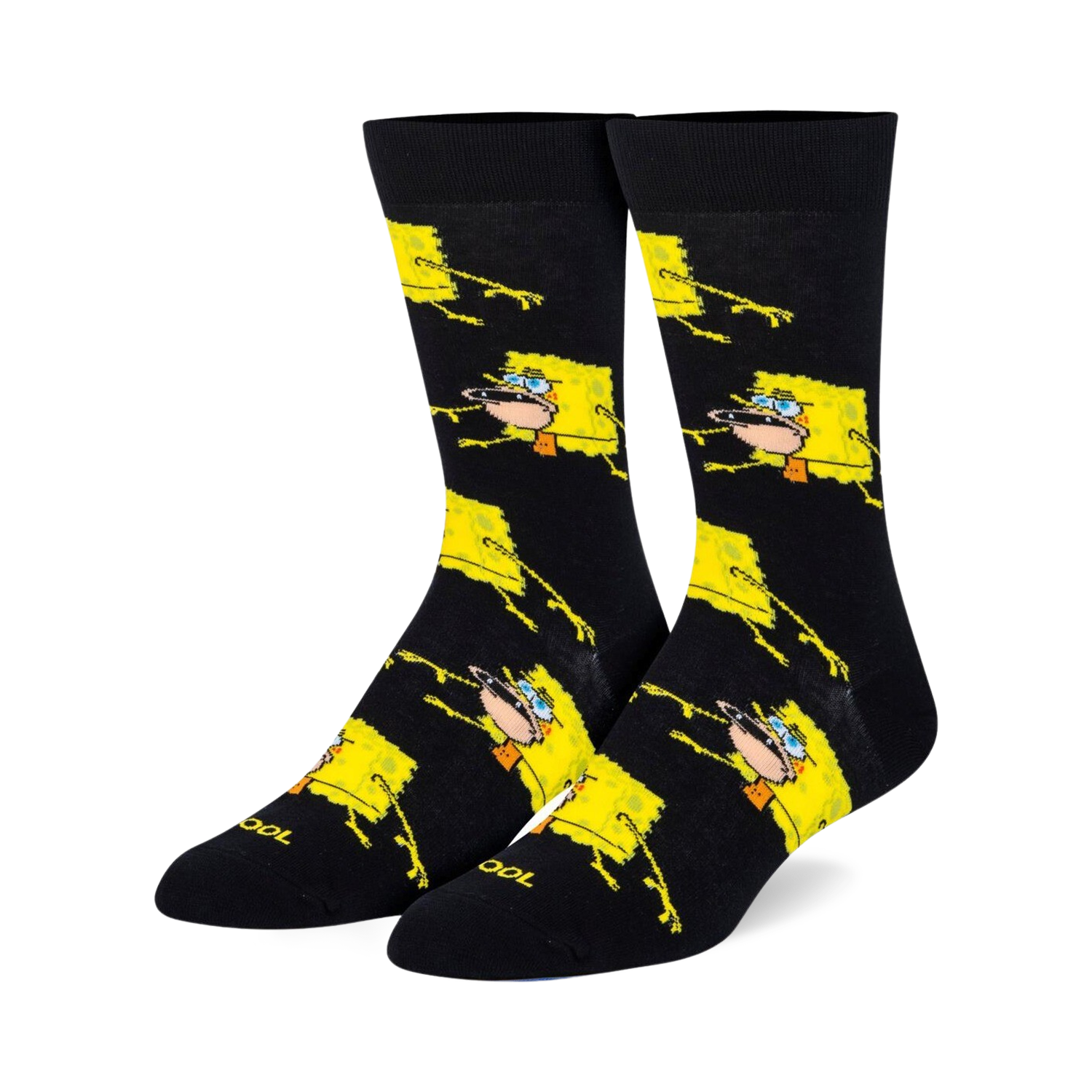Pair of black crew socks with a repeating pattern of yellow Spongebob Squarepants in a prehistoric pose.
