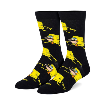 black crew socks feature an allover print of spongebob squarepants making a silly face.  