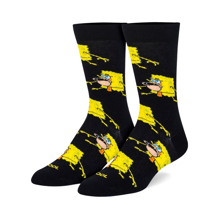 black crew socks feature an allover print of spongebob squarepants making a silly face.  