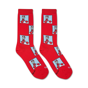 A red sock with a repeating pattern of a blue square with a cartoon crab on it.