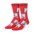 Pair of crew socks, predominantly red, featuring a repeating pattern of cartoon Mr. Krabs in a light blue square on a red background.