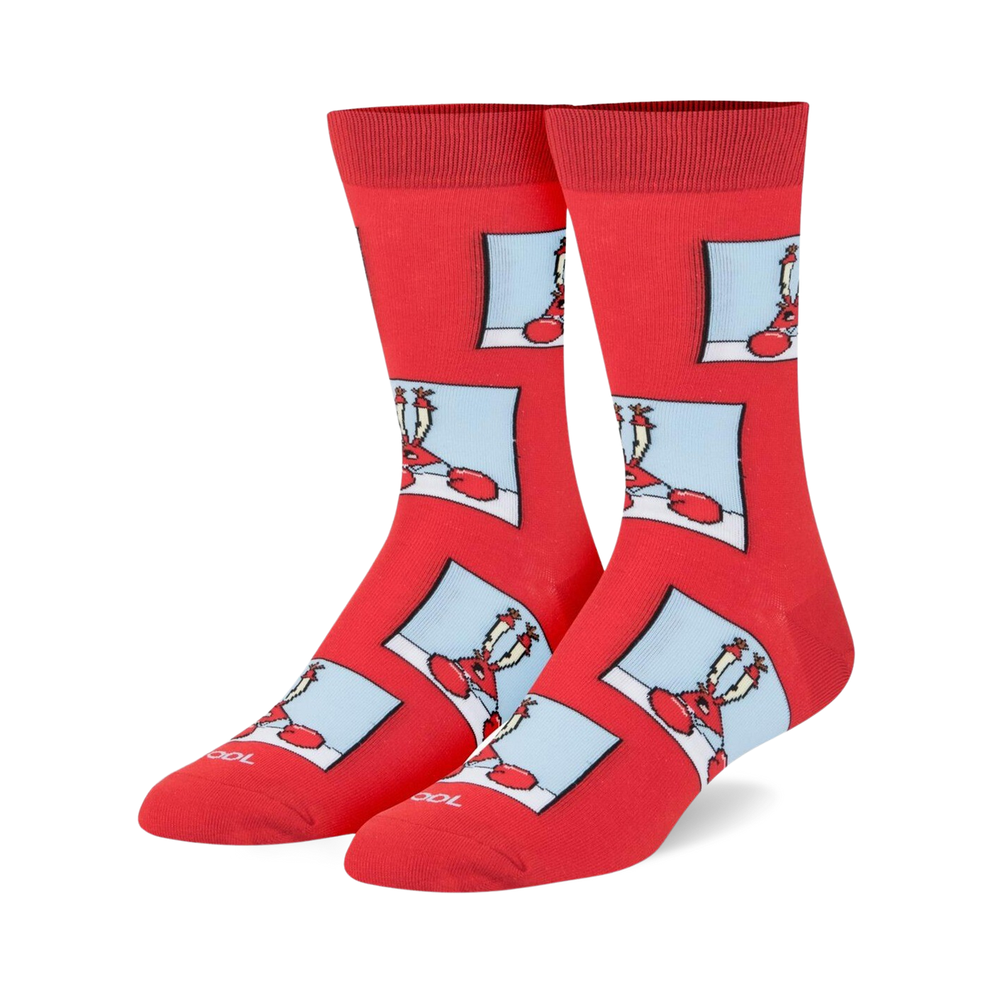 Pair of crew socks, predominantly red, featuring a repeating pattern of cartoon Mr. Krabs in a light blue square on a red background.