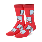 Pair of crew socks, predominantly red, featuring a repeating pattern of cartoon Mr. Krabs in a light blue square on a red background.