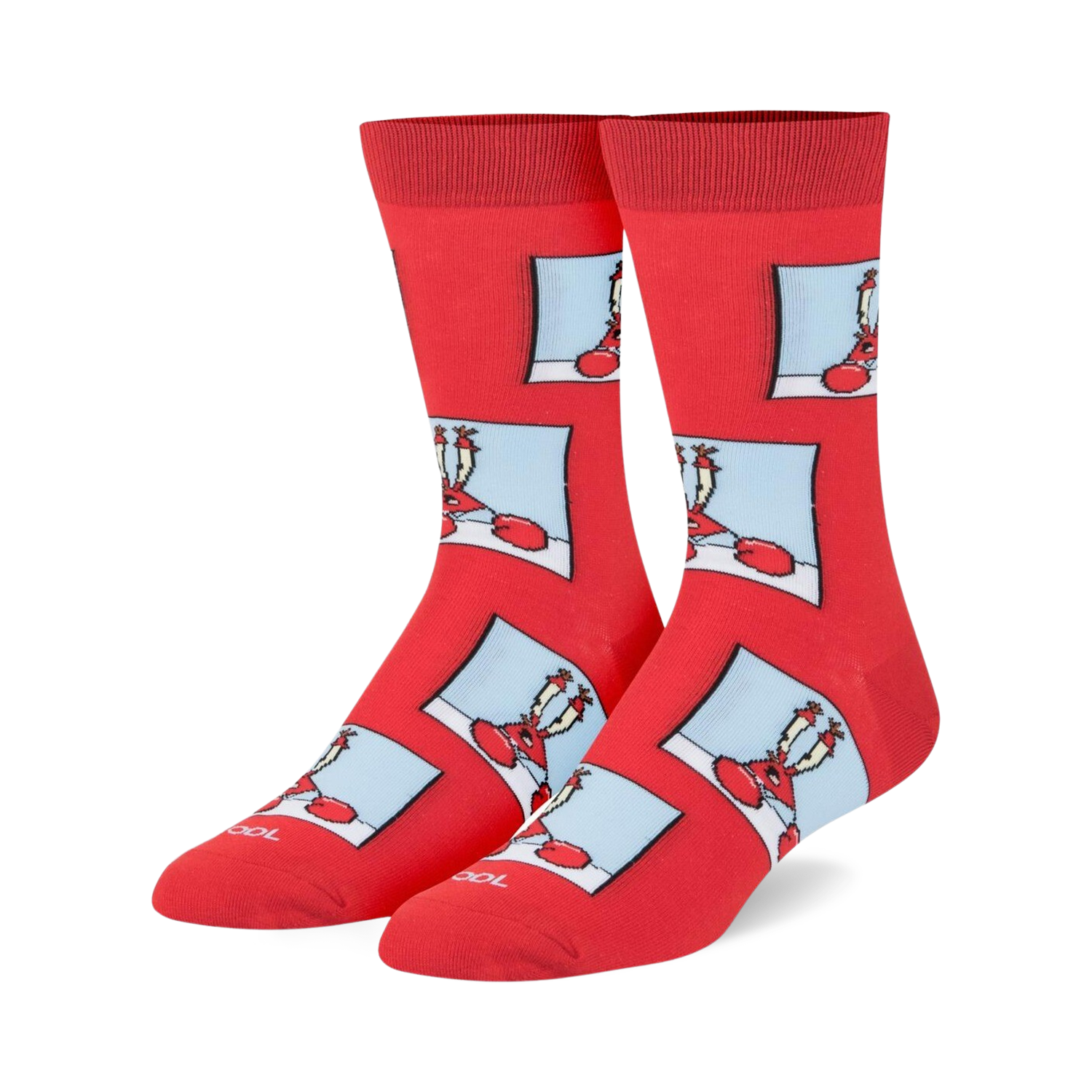 Pair of crew socks, predominantly red, featuring a repeating pattern of cartoon Mr. Krabs in a light blue square on a red background.