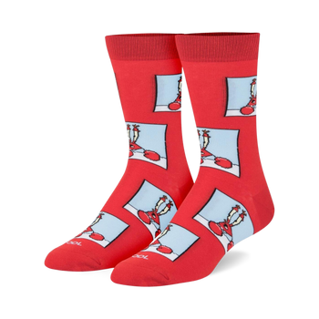 red cotton crew socks with repeating pattern of mr. krabs standing and performing his signature gesture.   