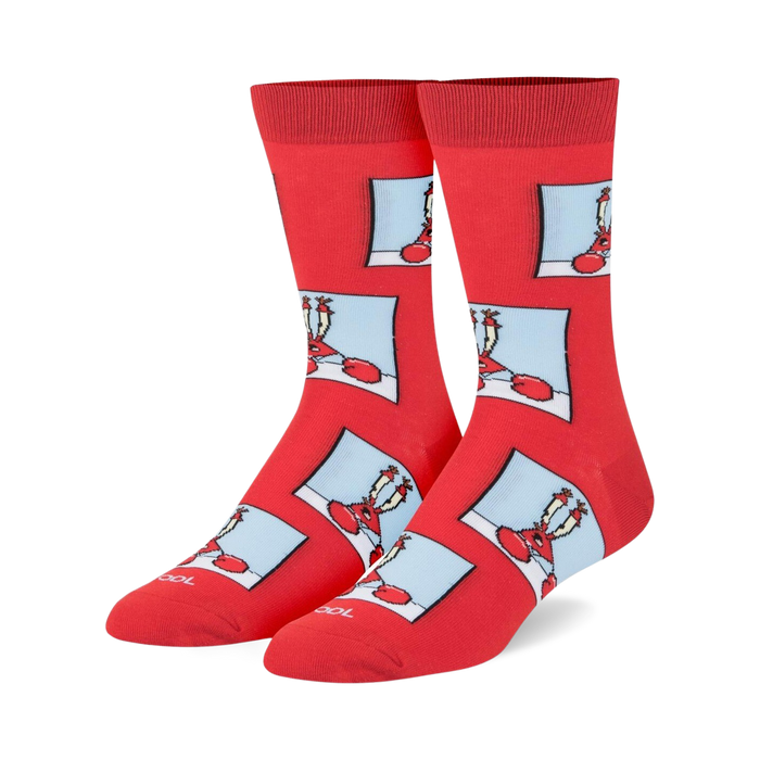 red cotton crew socks with repeating pattern of mr. krabs standing and performing his signature gesture.   