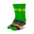 Pair of crew socks in bright green with a Wheel of Fortune logo and a colorful striped cuff. The stripes are in red, orange, yellow, and purple.