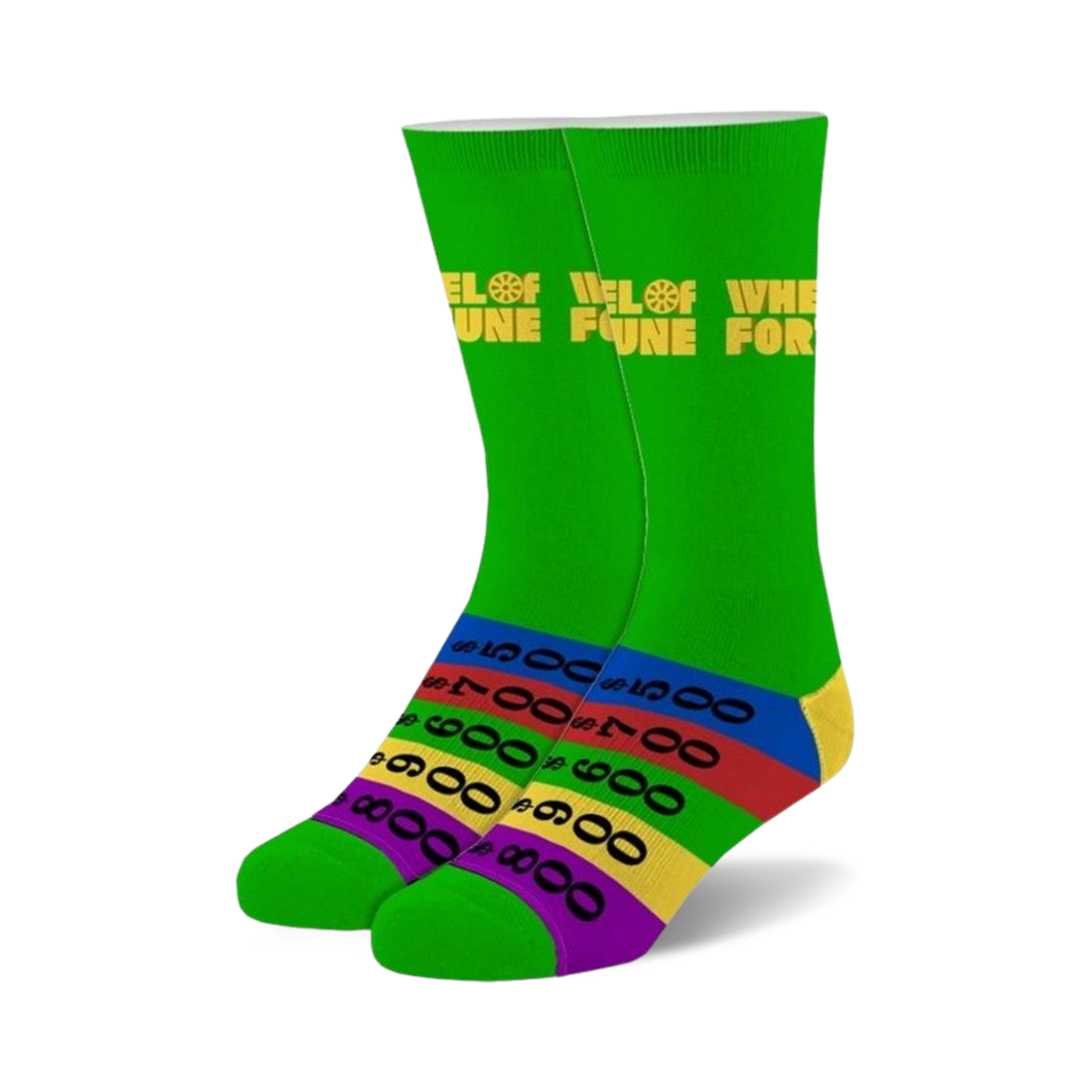 Pair of crew socks in bright green with a Wheel of Fortune logo and a colorful striped cuff. The stripes are in red, orange, yellow, and purple.