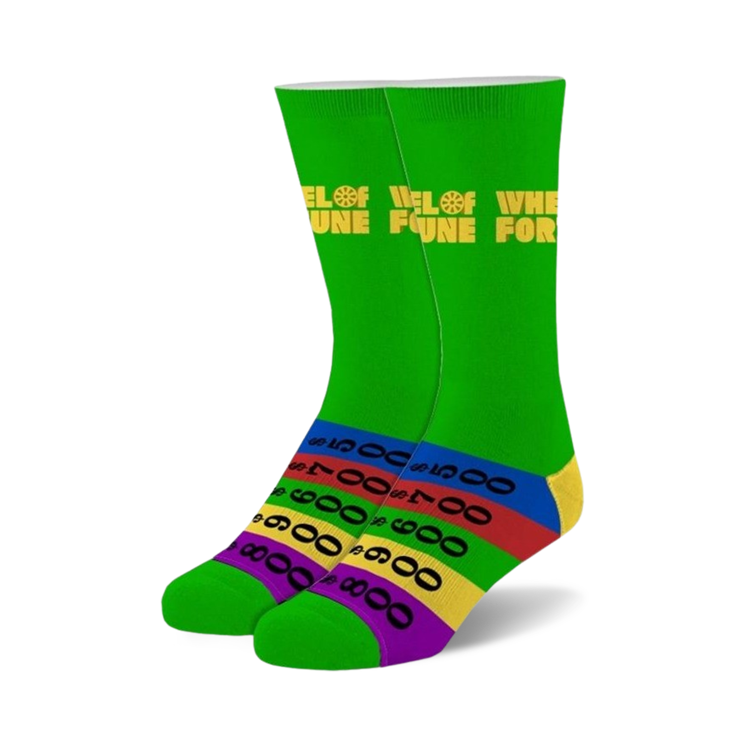 Pair of crew socks in bright green with a Wheel of Fortune logo and a colorful striped cuff. The stripes are in red, orange, yellow, and purple.