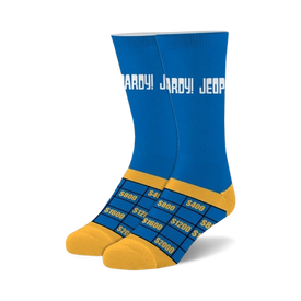  blue jeopardy socks with yellow toe, heel, and cuff. game board pattern on the leg of the sock. crew length, for men and women.   