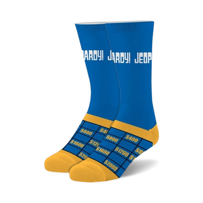  blue jeopardy socks with yellow toe, heel, and cuff. game board pattern on the leg of the sock. crew length, for men and women.   