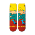 Flatlay showcasing a pair of Hey Arnold! crew socks featuring Arnold Shortman.
