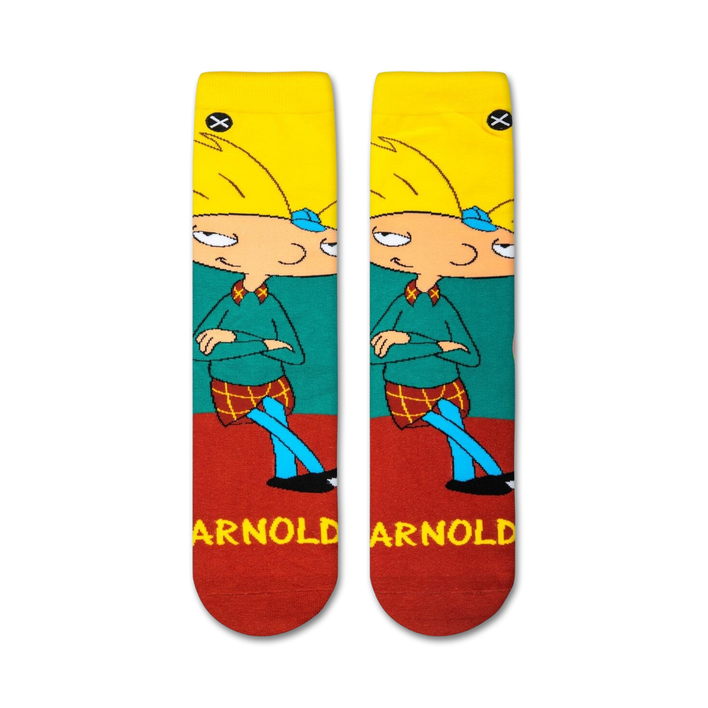Flatlay showcasing a pair of Hey Arnold! crew socks featuring Arnold Shortman.