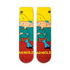 Flatlay showcasing a pair of Hey Arnold! crew socks featuring Arnold Shortman.