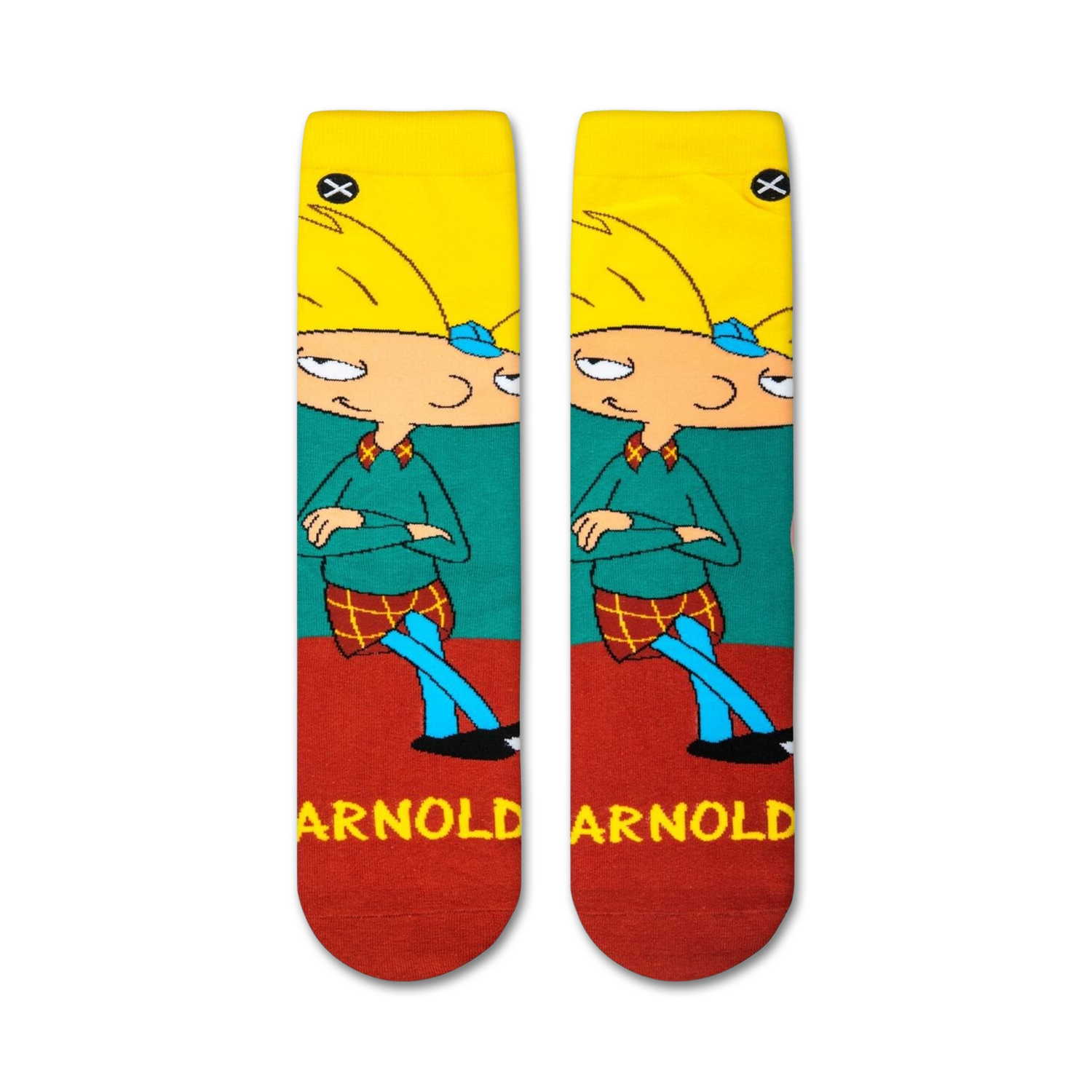 Flatlay showcasing a pair of Hey Arnold! crew socks featuring Arnold Shortman.