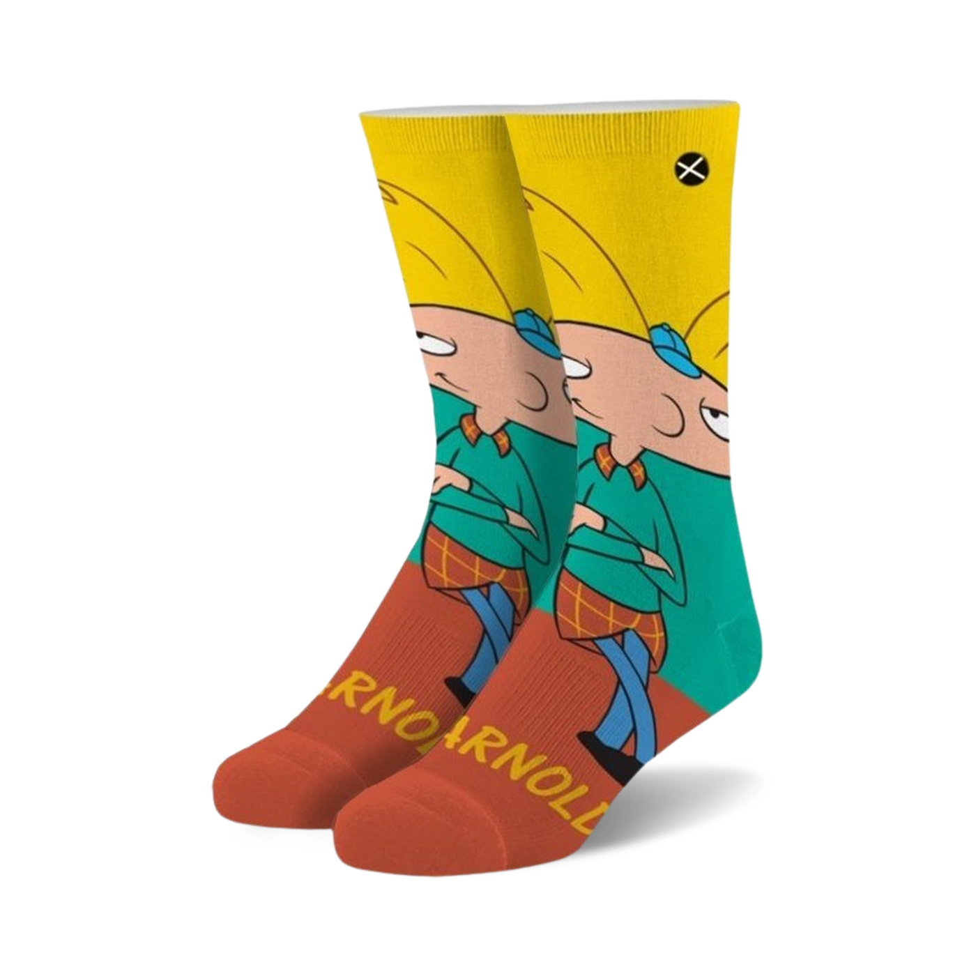 Crew socks featuring Arnold Shortman from Hey Arnold! in teal, yellow, and red. The socks feature Arnold's face and the word 'Arnold' repeated.