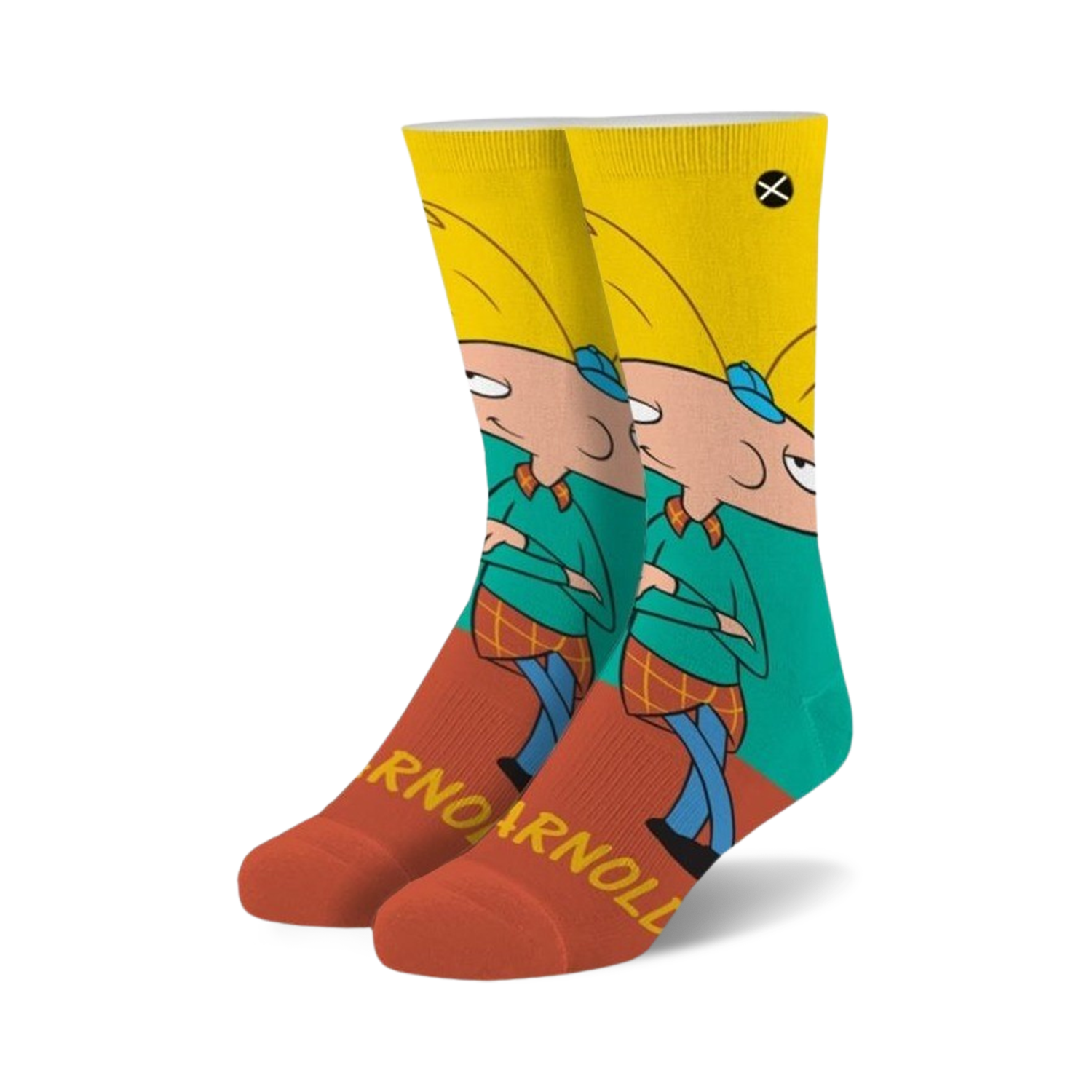 Crew socks featuring Arnold Shortman from Hey Arnold! in teal, yellow, and red. The socks feature Arnold's face and the word 'Arnold' repeated.