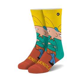 yellow crew socks featuring arnold from popular 90s nick show "hey arnold!" men and women.  