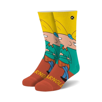 yellow crew socks featuring arnold from popular 90s nick show "hey arnold!" men and women.  