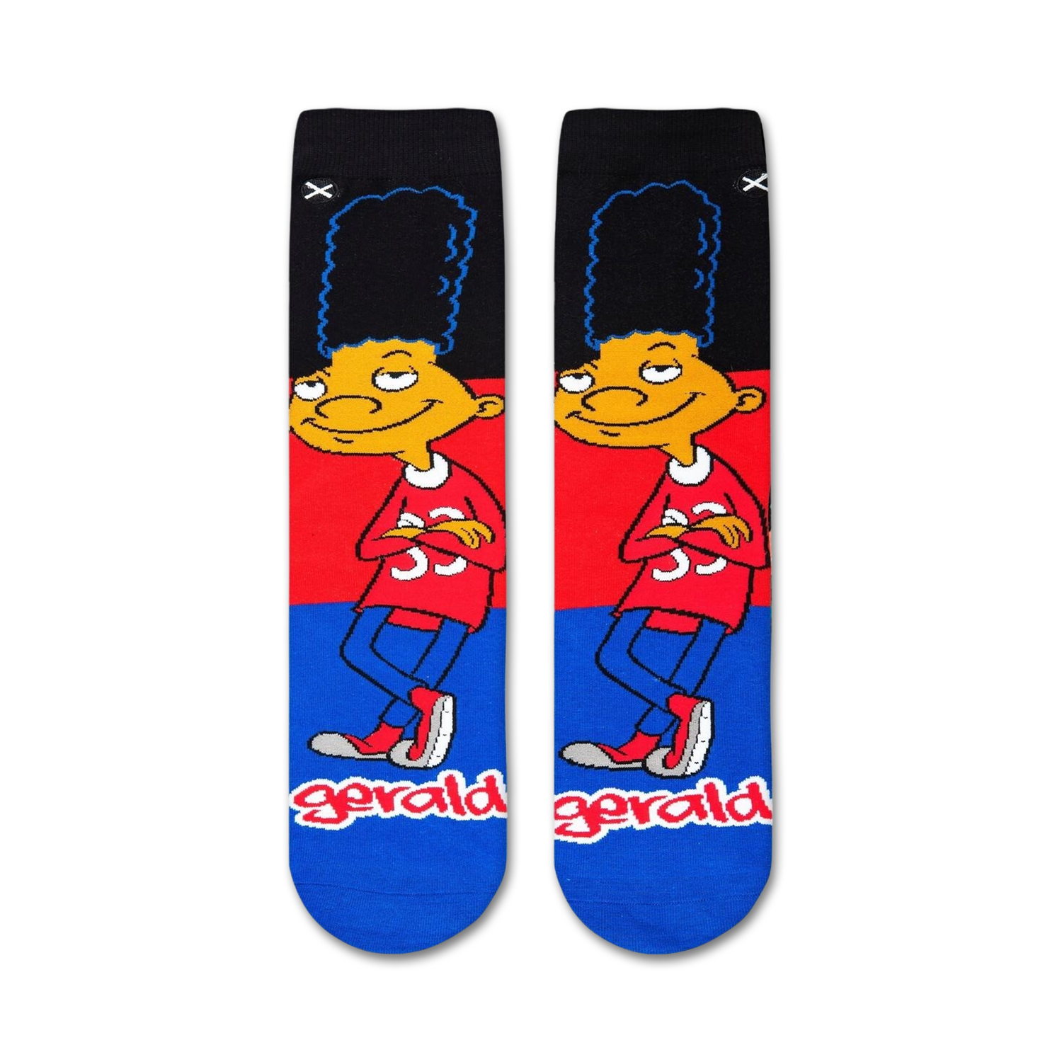 Close-up view of the Hey Arnold! Gerald socks, showcasing the vibrant colors and design details.