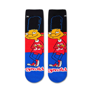 A black sock with a red cuff and yellow cartoon character head.